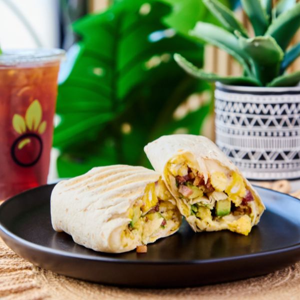 Bango Bowls flour wrap sliced open on a dark plate